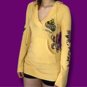 Ed Hardy Vibrant Yellow Hoodie with Floral Graphics